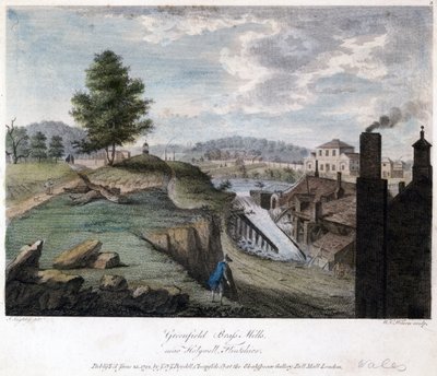 Greenfield Brass Mills, lähellä Holywellia, Flintshire, kaivertanut W.C. Wilson, n. 1792 tekijältä John after Ingleby