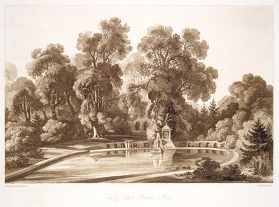 Näkymä temppelin suihkulähteelle ja luolalle, Sezincote, kaiverrettu Frederick Christian Lewis Snr. (1779-1856), n. 1817-18 (seepiaakvatinta) (katso myös 171663) tekijältä John after Martin