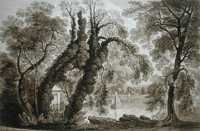 Näkymä temppelin suihkulähteelle vastakkaiselta puolelta, Sezincote, kaiverrettu Frederick Christian Lewis Snr. (1779-1856), n. 1817-18 (seepiaakvatinta) (katso myös 171661) tekijältä John after Martin