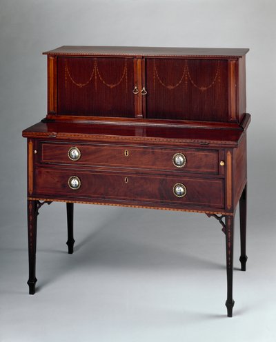 Tambour-pöytä, John ja Thomas Seymourin kaupasta tai Thomas Seymours Boston Furniture Warehousesta, 1794-1810 (mahonkia upotekoristeella) tekijältä John and Thomas 1771 1848 Seymour