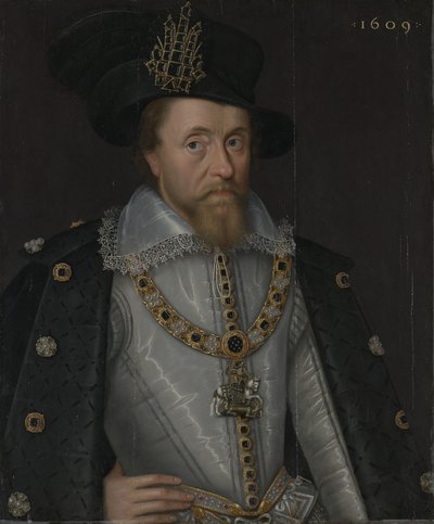Englannin kuningas Jaakko I ja Skotlannin kuningas VI (1566-1625). tekijältä John de Critz