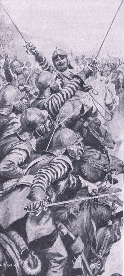 Ratsuväen taistelu Edgehillin taistelussa 23. lokakuuta 1642, kuva brittiläisistä taisteluista maalla ja merellä, 1915 tekijältä John de Walton