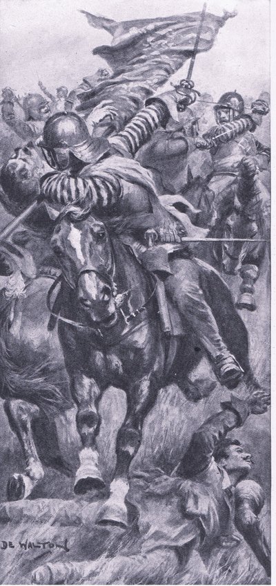 Luutnantti John Smith ottamassa takaisin kuninkaan lipun Edgehillissä, 23. lokakuuta 1642, kuva brittiläisistä taisteluista maalla ja merellä, 1915 tekijältä John de Walton