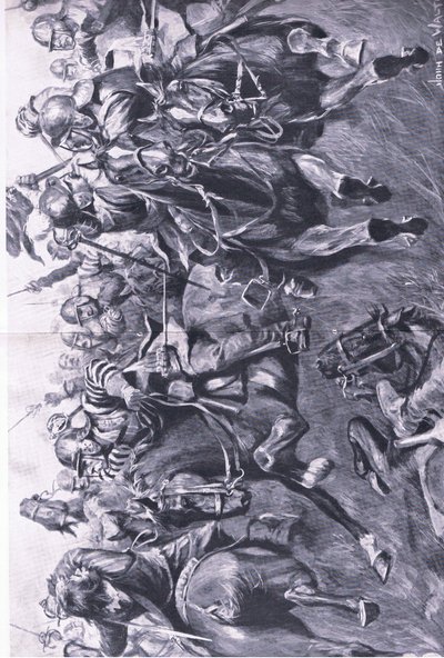 Marston Moor, 2. heinäkuuta 1644: Skotlannin ratsuväki Leslien johdolla hyökkäämässä prinssi Rupertsin kylkeä vastaan, kuva brittiläisistä taisteluista maalla ja merellä, 1915 tekijältä John de Walton