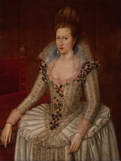Tanskan kuningatar Anne, n. 1605 (öljy paneelille) tekijältä John de the Elder (attr. to) Critz