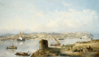 Laaja näkymä Lissaboniin Tejo-joen varrella Praca do Terreiro do Pacon, vanhan katedraalin ja Castelo de S. Jorgen kanssa tekijältä John or Giovanni Schranz