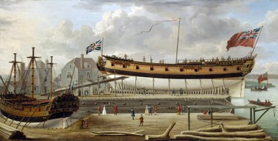 Kuudennen luokan alus (sixth-rate), Britannian kuninkaallisen laivaston sota-alus, kuivatelakalla, telakka on luultavasti Rotherhiten telakka, Thamesin etelärannalla (Englanti). tekijältä John the Elder Cleveley