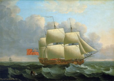 Royal Caroline, rakennettu vuonna 1749 Deptfordissa (Englanti). Öljy kankaalle tekijältä John the Elder Cleveley