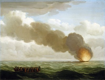 "Luxborough-kaleeriorjan miehistö pelastusveneessä katsomassa palavan aluksen uppoamista avomerellä 25. kesäkuuta 1727". tekijältä John the Elder Cleveley