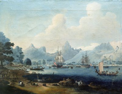 Alukset HMS "Resolution" ja "Discovery" ankkuroituna Mooreaan (Tahiti) James Cookin tutkimusmatkojen (1728-1779) aikana, joihin taidemaalari osallistui vuosina 1772-1773. tekijältä John the Elder Cleveley