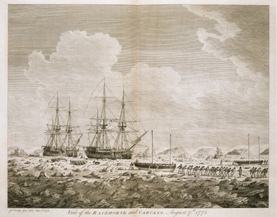 Näkymä "kilpahevosesta" ja "ruhosta", 7. elokuuta 1773, "Hänen Majesteetin komennon 1773 matkasta pohjoisnavalle", julkaistu 1774 tekijältä John the Younger Cleveley