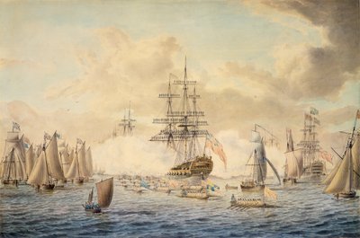 Yrjö III tarkastelee laivastoa Spitheadissa 22. kesäkuuta 1773, kuvassa HMS "Royal Oak". tekijältä John the Younger Cleveley