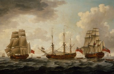 H.M.S. Tyrall kolmessa asemassa Antiguan edustalla tekijältä John the Younger Cleveley