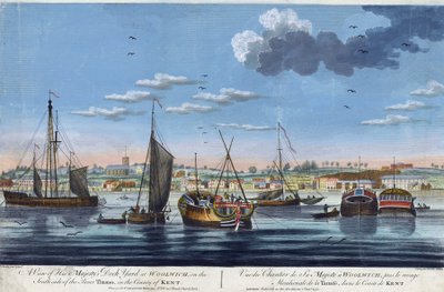 Näkymä Woolwichin kuninkaallisiin satamiin, Thamesin vasemmalla rannalla (Englanti), Kentin kreivikunnassa. John Clevely the Youngerin (1747-1786) väriseos. tekijältä John the Younger Cleveley