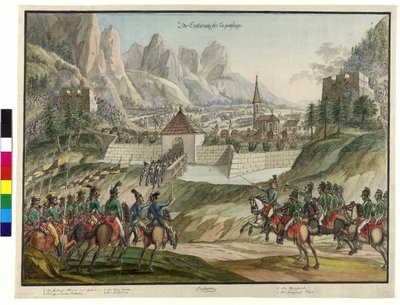 Luziensteigin valloitus Itävallan joukkojen toimesta 1799 (akvarelli) tekijältä Jokob Placidus Altmutter