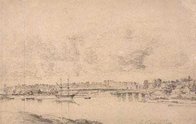 Southampton ja Northam Itchen-joesta (grafiitti keskikokoiselle, hieman teksturoituneelle, sinivalkoiselle kudospaperille, joka on levitetty keskikokoiseen, kohtalaisen teksturoitu, beige kudospaperi) tekijältä Jonathan Fisher