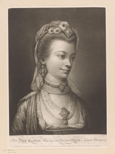 Portret van Charlotte van Mecklenburg Hänen loistavin Majesteettinsa Charlotte Ison-Britannian kuningatar jne. (otsikko esineessä) tekijältä Jonathan Spilsbury