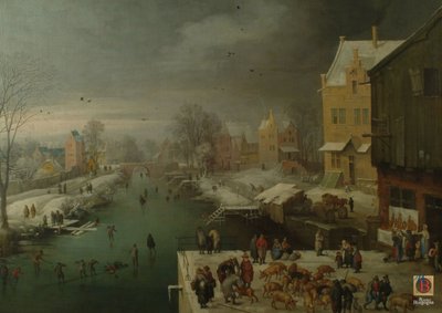 Talvimaisema luistelijoiden ja sikamarkkinoiden kanssa tekijältä Joos de Momper the younger