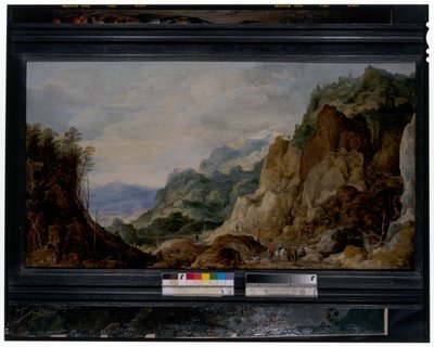 Vuoristoinen panoraamamaisema, jossa matkamiehet antavat köyhille, hevoshevosten takana tekijältä Joos or Josse de The Younger Momper