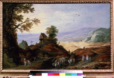 Maisema ja kappeli kukkulalla. Talonpojat auroilla kävelevät teillä. Joos de Momper Le Jeunen (1564-1635) maalaus, noin 1608-1610. flaamilaista taidetta. Öljy puulle. Pushkin taidemuseo tekijältä Joos or Josse de The Younger Momper