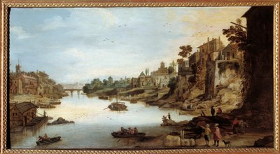 Näkymä Tiberille (Tevere) Roomassa Talo paalujen varassa vasemmalla. Josse Momper II:n (1564-1635) maalaus tekijältä Joos or Josse de The Younger Momper