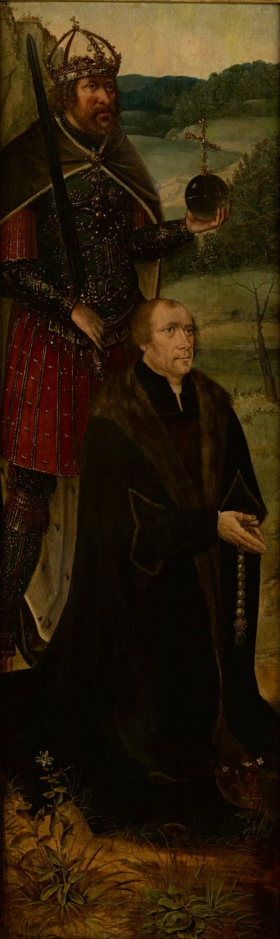 kuningas Konstantinus ja lahjoittaja; alttaritaulun yksi siipi (öljy paneelissa) tekijältä Joos van (follower of) Cleve