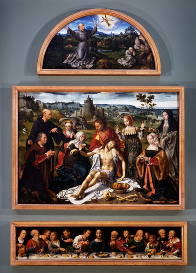 Alttaritaulu, jossa on Pyhän Franciscuksen leima, Kristuksen kerros ja viimeinen ehtoollinen Genovan Pienempien veljien kirkosta, n. 1520 tekijältä Joos van Cleve