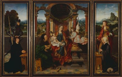 Pyhä perhe, noin 1530, kirjoittanut Joos Van Cleve (1485-1540), triptyykki. Belgia tekijältä Joos van Cleve