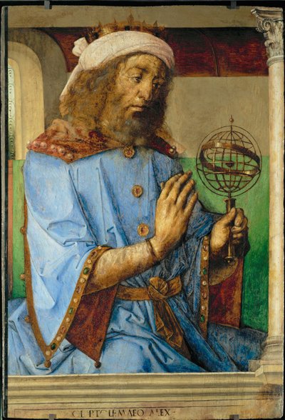 Claudius Ptolemaios, kreikkalainen tähtitieteilijä ja maantieteilijä ... tekijältä Joos van Gent (fl.1460-75)