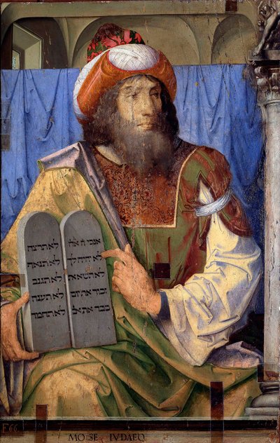 Maineikkaiden miesten muotokuvia: Mooses ja lakitaulukot. Joos van Wassenhoven (tai Justus van Gentin, joka tunnetaan myös nimellä Josse tai Jodocus of Gent, tai Giusto di Ghent tai Juste de Ghent, toiminut vuosina 1460-1475) maalaus. Maalaus puulle. Mitat tekijältä Joos van Gent (fl.1460 75)
