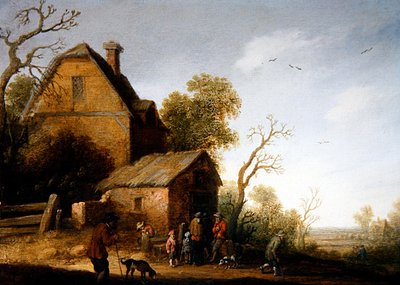 Metsäinen maisema, jossa on hahmoja ja koiria tekijältä Joost Cornelisz. Droochsloot