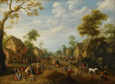 Kylän kermesse, jossa on lukuisia talonpoikia juhlimassa tekijältä Joost Cornelisz Droochsloot