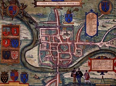 Chesterin kartta, Georg Braunin (1541-1622) ja Frans Hogenbergin (1535-90) Civitates Orbis Terrarum -teoksesta n. 1572-1617 (värillinen kaiverrus) tekijältä Joris (after) Hoefnagel