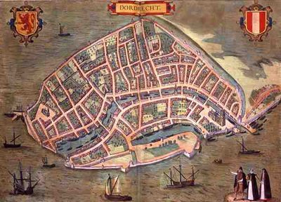 Dordrechtin kartta, Georg Braunin (1541-1622) ja Frans Hogenburgin (1535-90) Civitates Orbis Terrarum -teoksesta, n. 1572 (värinen kaiverrus) tekijältä Joris (after) Hoefnagel