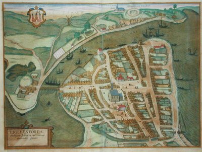 Ekelenforden kartta, Georg Braunin (1541-1622) ja Frans Hogenburgin (1535-90) Civitates Orbis Terrarum -teoksesta, n. 1572 (värinen kaiverrus) tekijältä Joris (after) Hoefnagel