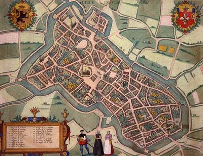Lillen kartta, Georg Braunin (1541-1622) ja Frans Hogenbergin (1535-90) n. 1572-1617 Civitates Orbis Terrarum -teoksesta (värillinen kaiverrus) tekijältä Joris (after) Hoefnagel