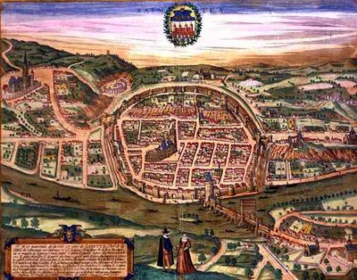 Saintesin kartta, Georg Braunin (1541-1622) ja Frans Hogenbergin (1535-90) Civitates Orbis Terrarumista tekijältä Joris (after) Hoefnagel