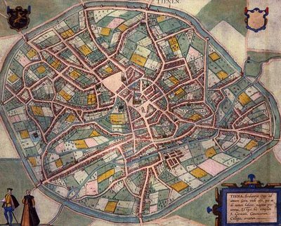 Tiesen kartta, Georg Braunin (1541-1622) ja Frans Hogenbergin (1535-90) Civitates Orbis Terrarumista n. 1572-1617 (värillinen kaiverrus) tekijältä Joris (after) Hoefnagel