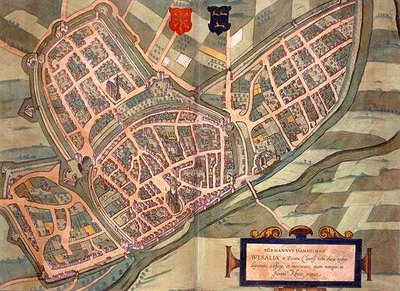 Weselin kartta, Georg Braunin (1541-1622) ja Frans Hogenbergin (1535-90) Civitates Orbis Terrarumista n. 1572-1617 (värillinen kaiverrus) tekijältä Joris (after) Hoefnagel