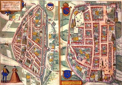 Chartresin ja Dunoisin kartat, Georg Braunin (1541-1622) ja Frans Hogenbergin (1535-90) Civitates Orbis Terrarum -teoksesta n. 1572-1617 (värinen kaiverrus) tekijältä Joris (after) Hoefnagel