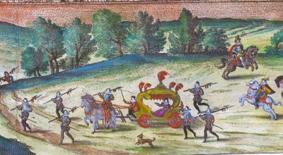 Kuningatar Elisabet I:n saapuminen Nonesuch-palatsiin hovimiesten, vartijoiden ja koirien kanssa, 1598 käsinvärjätty kuparikaiverrus yksityiskohta numerosta 324184 tekijältä Joris Hoefnagel