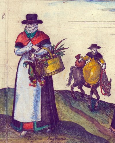Maalaismies menossa markkinoille, 1598 käsinvärjätty kuparikaiverrus yksityiskohta numerosta 324184 tekijältä Joris Hoefnagel