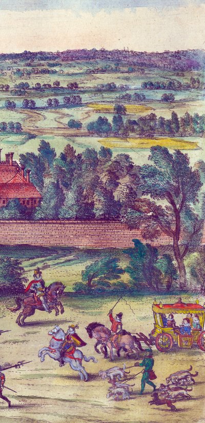 Hoviherrat ja metsästyskoirat mukana kuningatar Elisabet I:n saapuessa Nonsuch-palatsiin, 1598 käsinvärjätty kuparikaiverrus yksityiskohta numerosta 324184 tekijältä Joris Hoefnagel