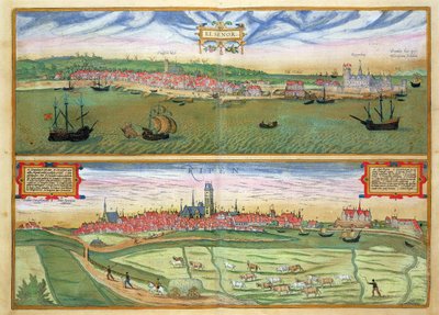 Elsenor ja Ripen, Georg Braunin (1541-1622) ja Frans Hogenburgin (1535-90) "Maailman kaupungeista" n. 1572 tekijältä Joris Hoefnagel