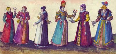 Elisabetin aikakauden englantilaiset naiset, 1598 (käsinvärinen kuparikaiverrus) tekijältä Joris Hoefnagel