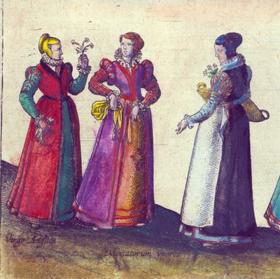 Elisabetin aikakauden englantilaiset naiset, 1598 (käsinvärinen kuparikaiverrus) tekijältä Joris Hoefnagel