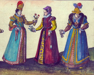 Elisabetin aikakauden englantilaiset naiset, 1598 käsinvärjätty kuparikaiverrus yksityiskohta numerosta 324184 tekijältä Joris Hoefnagel