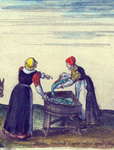 Fishwives myy ja perataan haukea, 1598 käsinvärjätty kuparikaiverrus yksityiskohta numerosta 324184 tekijältä Joris Hoefnagel