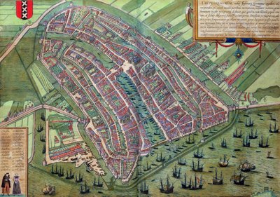 Amsterdamin kartta, Georg Braunin (1541-1622) ja Frans Hogenburgin (1535-90) "Maailman kaupungeista" n. 1572 tekijältä Joris Hoefnagel