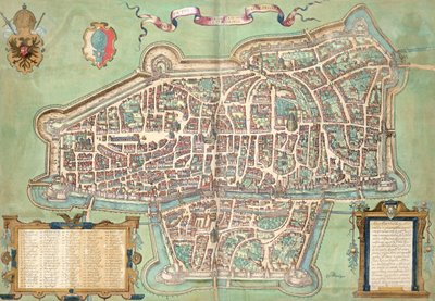 Augsburgin kartta, Georg Braunin (1541-1622) ja Frans Hogenbergin (1535-90) Civitates Orbis Terrarum -teoksesta, n. 1572 tekijältä Joris Hoefnagel